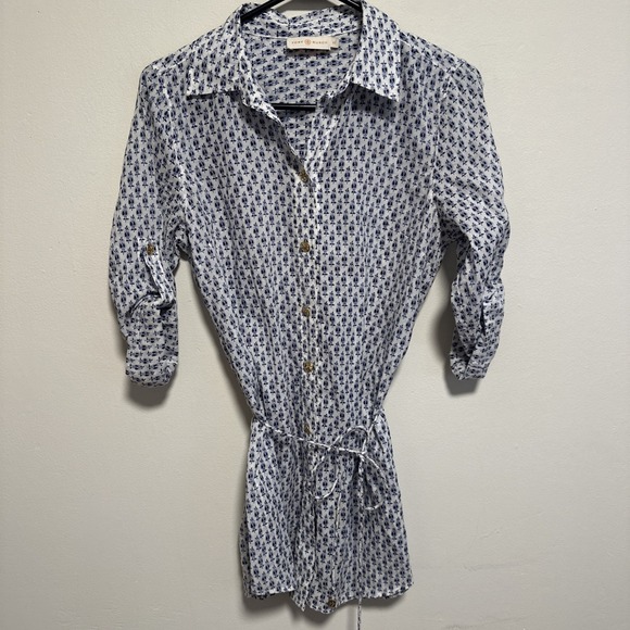 Tory Burch Tops - Tory Burch Women's 100% Cotton Blouse Top Tie Belt Size XS Navy Blue & White